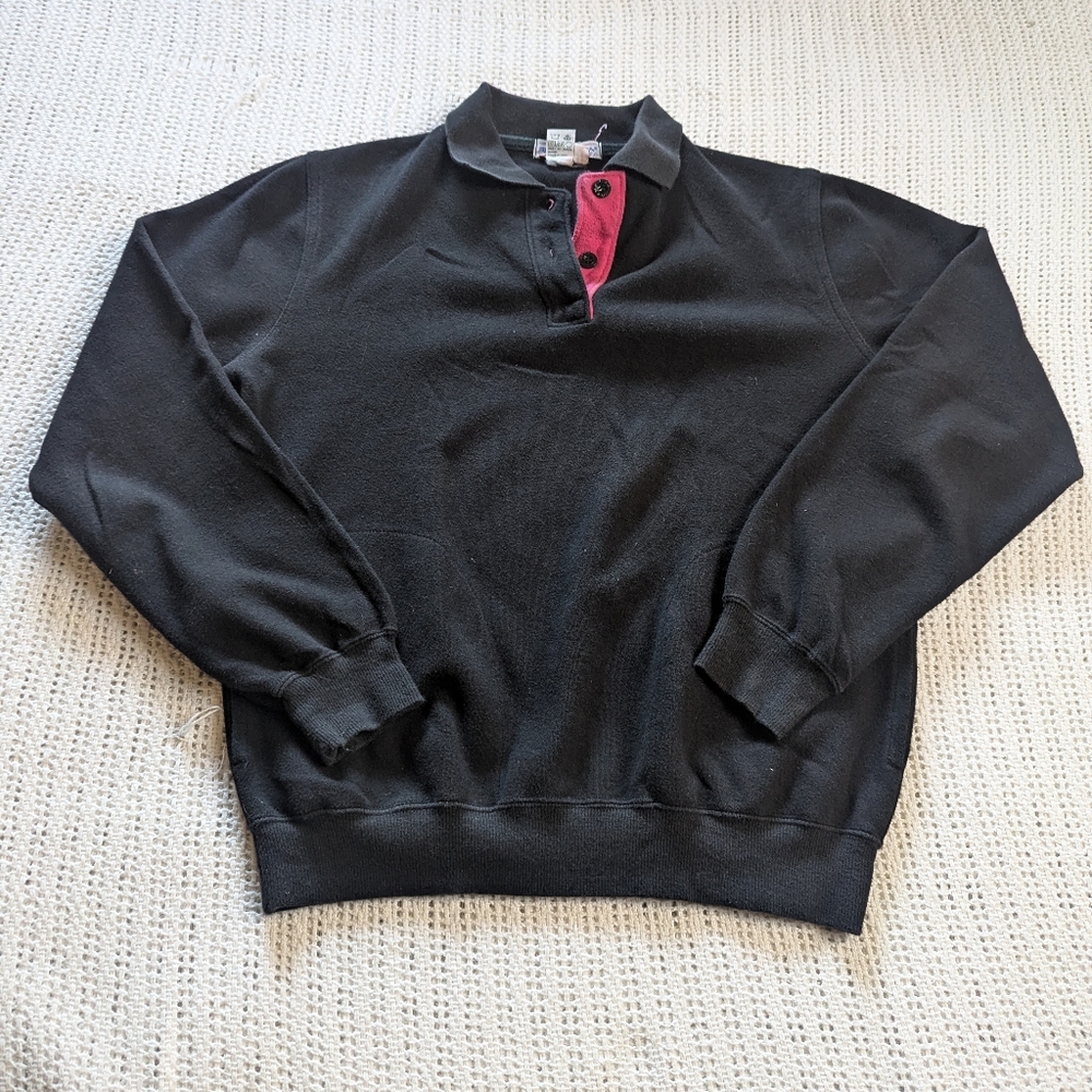 VTG Henley Button Black Pink Accent Sweater Womens Medium Collared Sportiff USA
